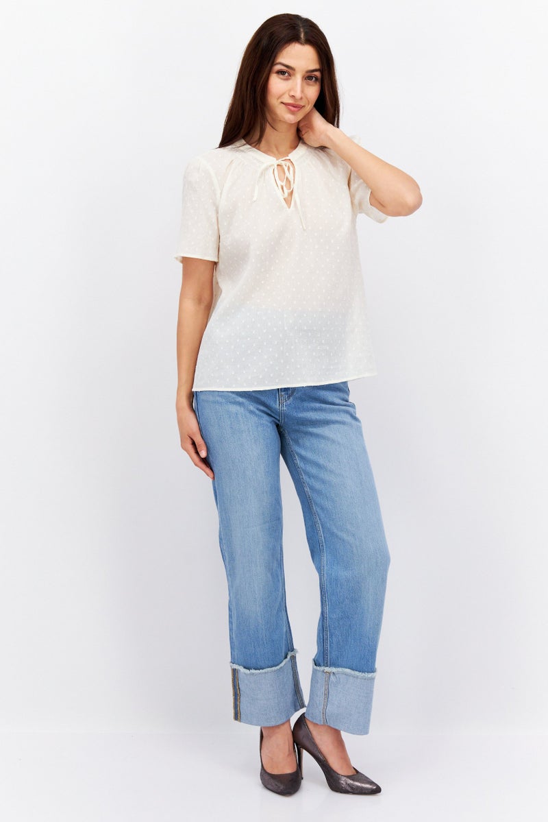 ESPRIT Women Tie Neck Short Sleeve Textured Top, Cream - Image 4